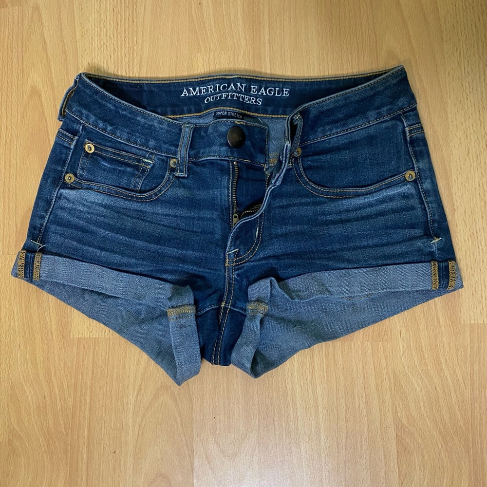 American Eagle Dark Blue Super Stretch Shortie Denim Shorts US2